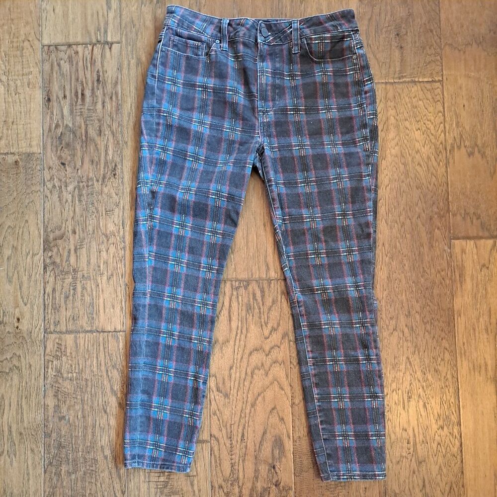 PAIGE Size 30 Hoxton Ankle Plaid Skinny Jeans Blue Black Pink Mid Rise Academia